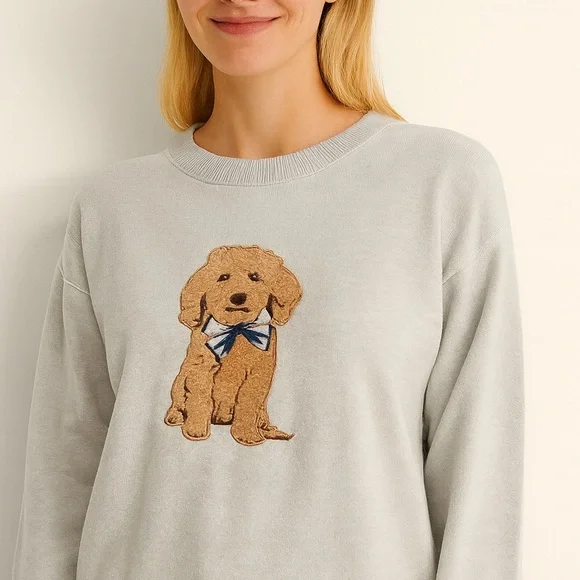 1336.Gray Sweater with Dog Embroidery Sherpa cute - Picture 1 of 2